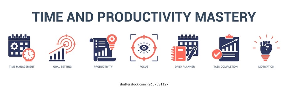 Tiempo y productividad Maestría Ilustración de Anuncio de Web moderno y limpio con íconos temáticos para la comunicación visual