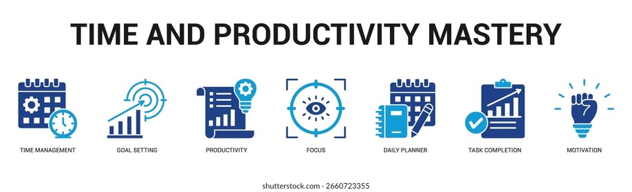 Tiempo y productividad Maestría Ilustración de Anuncio de Web moderno y limpio con íconos temáticos para la comunicación visual