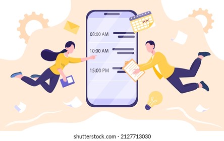 Time program concept. Man and girl next to smartphone. Planning and prioritization, reminder application, modern technologies. Alarm clock and time management. Cartoon flat vector illustration