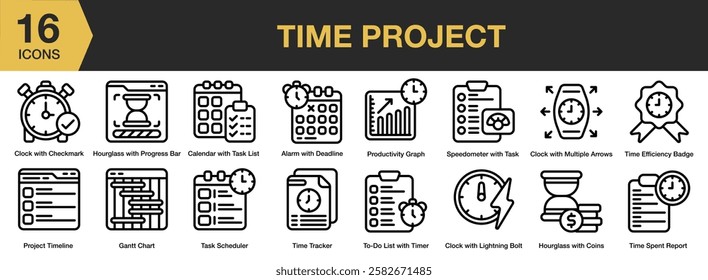 Time Project icon set. Includes checkmark, task list, tracker, chart, timeline, badge, and More. Outline icons vector collection.