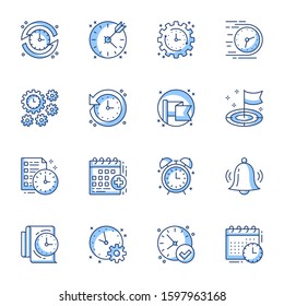 Time and project management linear icons set. Calendar, bell, alarm contour symbols isolated pack. Planning and scheduling pictograms. Event, task notification thin line illustrations collection