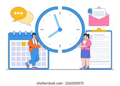 Time and project management, strategic planner to control team completion of tasks, and finish projects on time concepts. Businessmen and businesswomen work together to put the clock timer pieces.