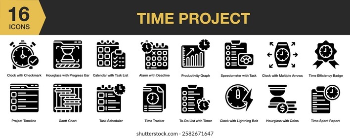 Time Project solid icon set. Includes checkmark, task list, tracker, chart, timeline, badge, and More. Solid icons vector collection.