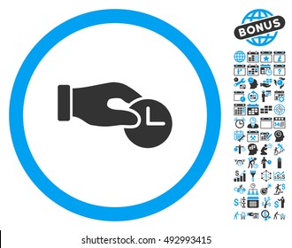 Time Properties Hand icon with bonus calendar and time management pictograph collection. Vector illustration style is flat iconic bicolor symbols, blue and gray colors, white background.