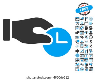 Time Properties Hand icon with bonus calendar and time management icon set. Vector illustration style is flat iconic bicolor symbols, blue and gray colors, white background.