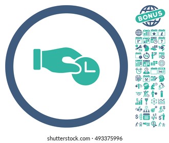 Time Properties Hand icon with bonus calendar and time management images. Vector illustration style is flat iconic bicolor symbols, cobalt and cyan colors, white background.