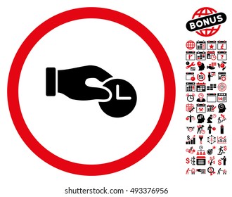 Time Properties Hand pictograph with bonus calendar and time management symbols. Vector illustration style is flat iconic bicolor symbols, intensive red and black colors, white background.