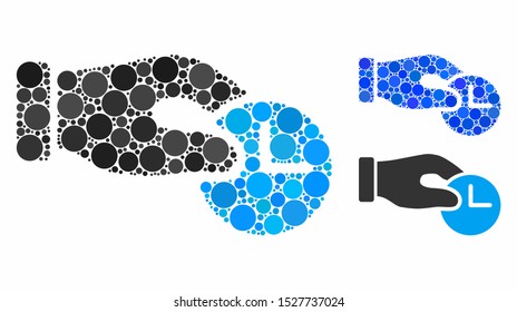 Time properties mosaic of circle elements in different sizes and color tinges, based on time properties icon. Vector circle elements are organized into blue mosaic.