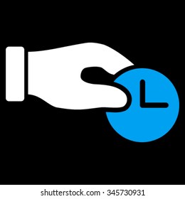 Time Properties vector icon. Style is bicolor flat symbol, blue and white colors, rounded angles, black background.