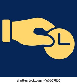 Time Properties vector icon. Style is flat symbol, yellow color, rounded angles, blue background.