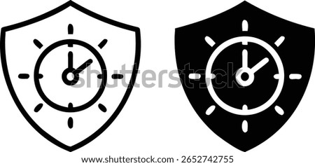 Time Protection Icon Set, Clock Shield Symbol, Security Timer Logo, Black and White Vector Illustration