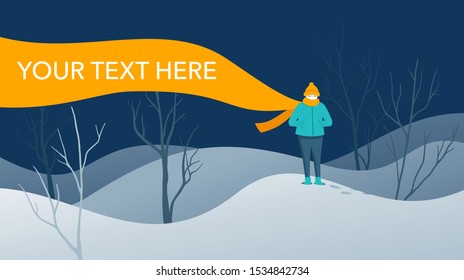 Time to purchase winter clothes flyer or banner concept - snowy landscape, human character stay at snowdrifts and bare trees with  a flowing scarf that is a place for text