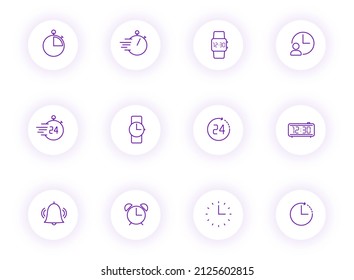 iconos vectoriales de contorno de color púrpura de tiempo en botones redondos claros con sombra púrpura. conjunto de iconos de tiempo para web, aplicaciones móviles, diseño de ui e impresión