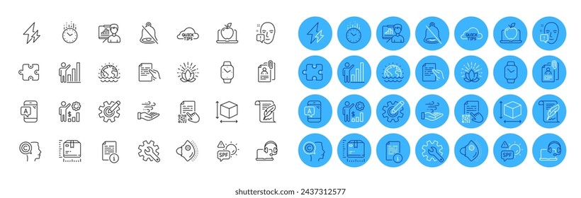 Time, Qr code and Graph chart line icons pack. Lotus, Hold document, Feather web icon. Box size, Cogwheel, Quick tips pictogram. Laptop, Face attention, Puzzle. Customisation, Writer, Consult. Vector