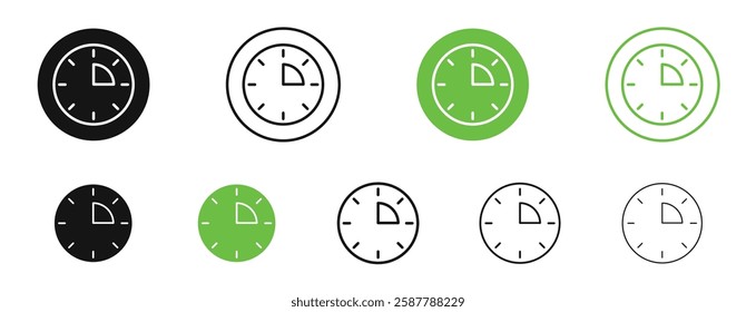 Time quarter past icons in black and green colors collection