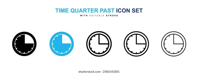 Time quarter past icons vector collection in black and blue colors on white background