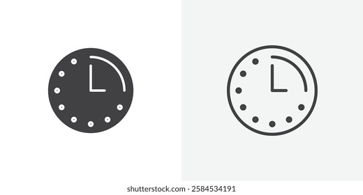 Time quarter past icons vectors illustrations in black fill and liner versions