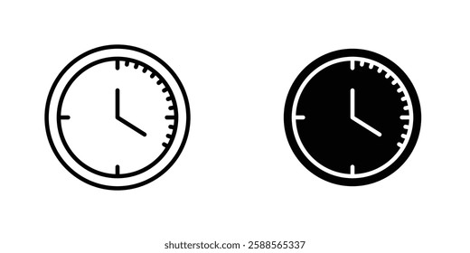 Time quarter past vectors icons set in filled and strokes on white background