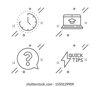 Time, Question mark and Website education line icons set. Quickstart guide sign. Clock, Help support, Video learning. Lightning symbol. Education set. Line time outline icon. Vector