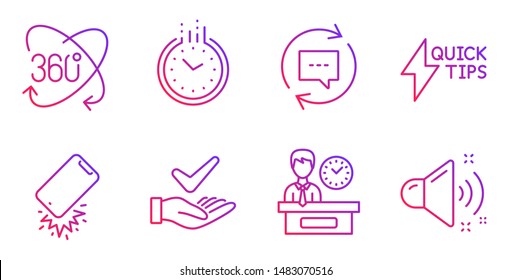 Time, Quickstart guide and Smartphone broken line icons set. Update comments, Presentation time and Dermatologically tested signs. Full rotation, Loud sound symbols. Clock, Lightning symbol. Vector