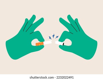 Time to quit smoking. Hands breaking a cigarette. Colorful vector illustration
