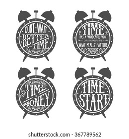 Time quotes lettering set, typographic Art for Poster Print Greeting Card T shirt apparel design, hand crafted vector illustration. Made in vintage retro style.