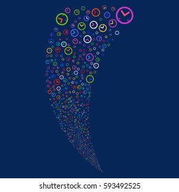 Time random fireworks stream. Vector illustration style is flat bright multicolored iconic symbols on a blue background. Object fountain created from scattered pictographs.
