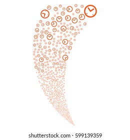 Time random fireworks stream. Vector illustration style is flat orange iconic symbols on a white background. Object fountain combined from scattered icons.