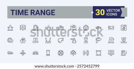 Time Range linear icon collection. Includes icons for hourglass, event, agenda, hour, 9s, duration, sand and more. Minimal linear icons. Editable vector icon and illustration.