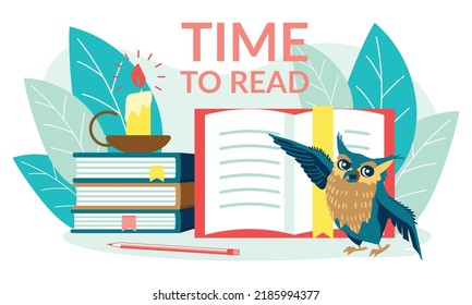 Time to read banner template.Wise owl studying school subject. Stack of books for leisure time spending. Bookstore, library, online education, ebook flat vector illustration