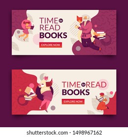 Time to Read Books banner set. Modern flat and simple design illustration with faceless smiling family reading books. Book fair, reading club, world book day concept