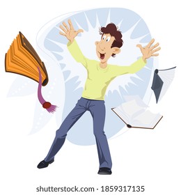 Time to read. Books fly around guy. Illustration concept for website and mobile development.