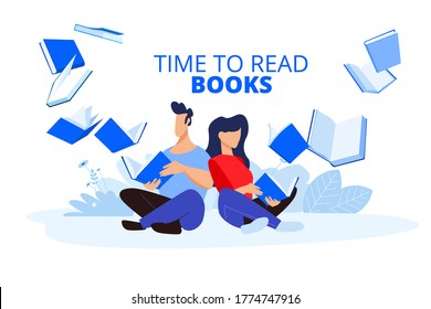 Time to read books. Vector illustrations of a man and a woman read books. Concepts for graphic and web design, marketing material, book store and library, e-book.