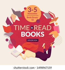 Time To Read Books Vector Template With Faceless Smiling Person Reading Book, Place For Text And Event Date. Book Fair, Reading Club, World Book Day Concept