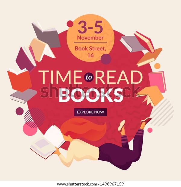 Time to read books vector template with\
faceless smiling person reading book, place for text and event\
date. Book fair, reading club, world book day\
concept