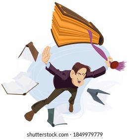 Time to read. Guy flies with books. Illustration concept for website and mobile development.