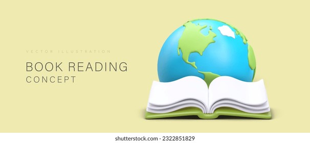 Time to read. International Book Day. Planet is placed in front of open book. Everybody is reading. Design for banner in library, advertising bookstores, educational programs