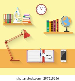 Time to Read and Learn. desktop. Flat Icon vector illustration. stack of books, open book, clock, glasses, microscope, globe, reading lamp