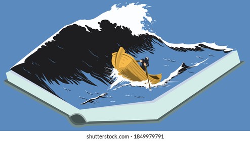 Time to read. Man in boat in middle of raging sea. Illustration concept for website and mobile development.