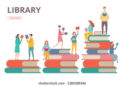 Time to read vector concept. Library, self education, students with books illustration