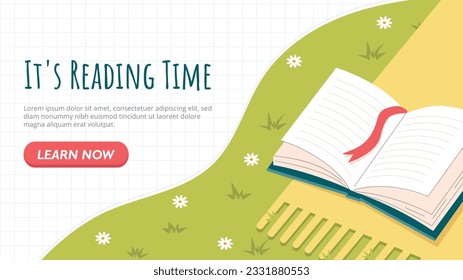 Time for reading banner concept. Open book with bookmark on yellow blanket. Love for literature, education, learning and training. Knowledge and information. Cartoon flat vector illustration