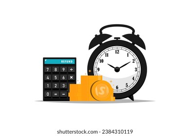 Time refund concept, Alarm clock with calculator, money coin on isolated background, Vector illustration.