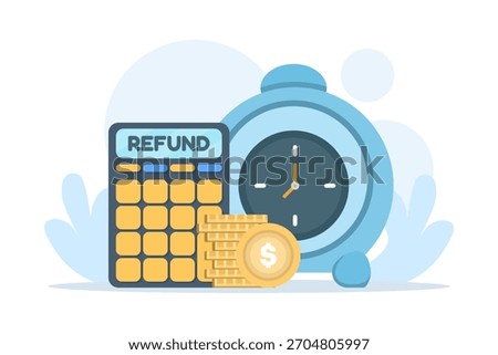 Time refund concept illustrated with an alarm clock, calculator, and coins, symbolizing financial returns, reimbursement, and time-related compensation.