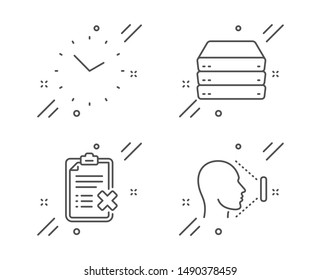 Time, Reject checklist and Servers line icons set. Face id sign. Clock, Decline file, Big data. Identification system. Technology set. Line time outline icon. Vector