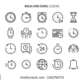 Time related bold line icon set. The set is about clock, deadline, calendar, business, management, date, 24 hours, achievement, vector, editable stroke, line, outline.