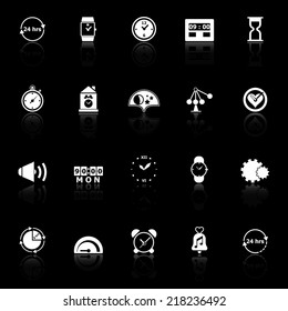 Time related icons with reflect on black background, stock vector