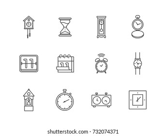 Time related line icons set with cuckoo clock, hourglass, pocket watches, calendar, alarm clock, bell tower, stopwatch.
