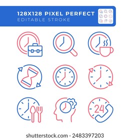 Time related two color line icons set. Organizational tool. 27-7 call center. Work hours. Productivity bicolor outline iconset isolated. Duotone pictograms thin linear. Editable stroke