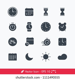 Time Related Vector Icons Set. Contains of: Clock, Calender, Hourglass, Watch, Stopwatch, Alarm, Sunny Day, Night, Moon, Sun and more