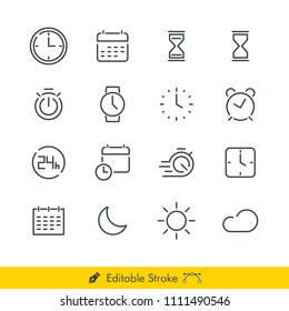 Time Related Vector Line Icons Set. Contains of: Clock, Calender, Hourglass, Watch, Stopwatch, Alarm, Sunny Day, Night, Moon, Sun and more - In Editable Line / Stroke Design